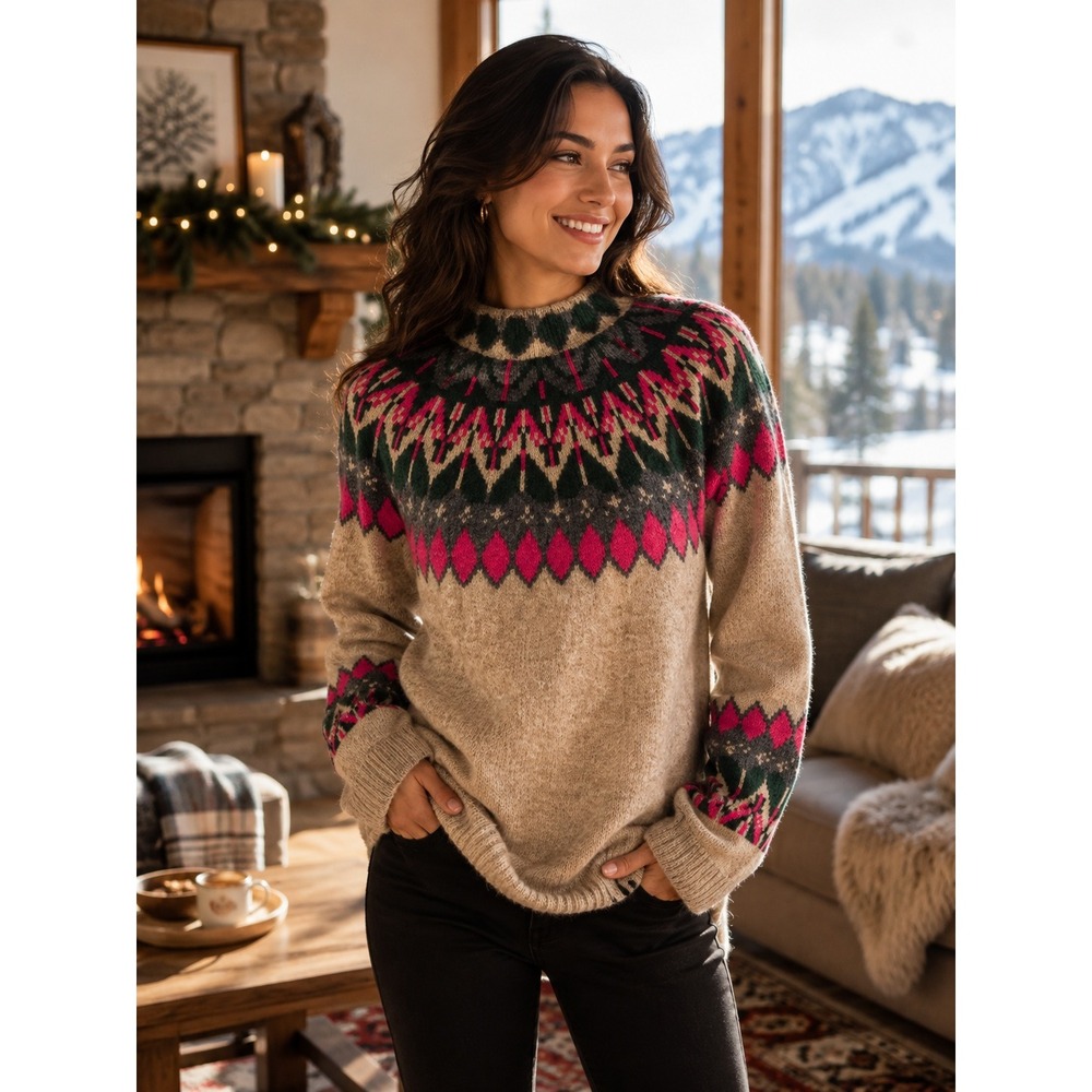 Vince Camuto Fair Isle Sweater Womens M Tan Pink Green Mock Neck Nordic Ski